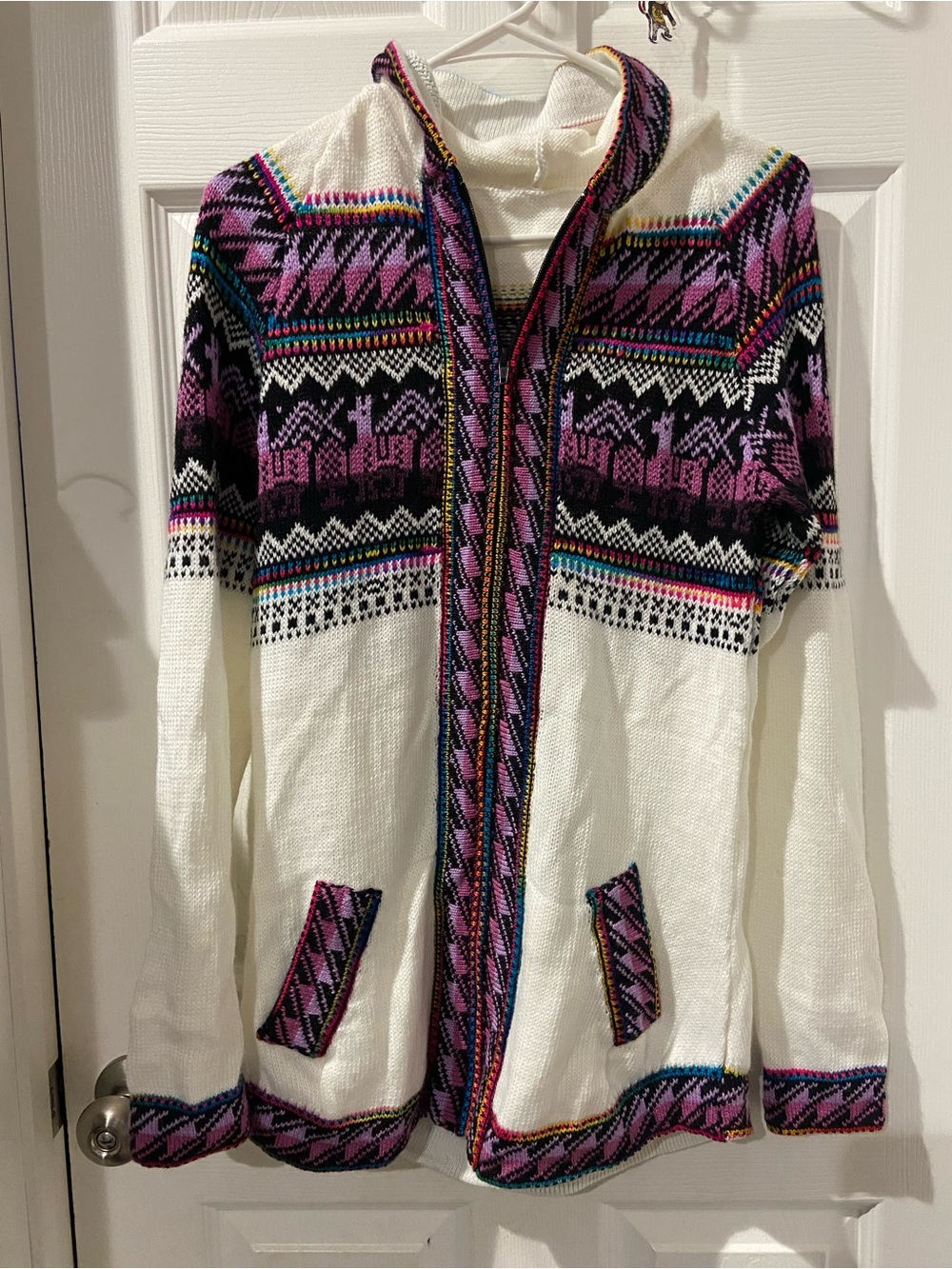 White Hooded Fair Isle Cardigan Sweater with Pink Pattern